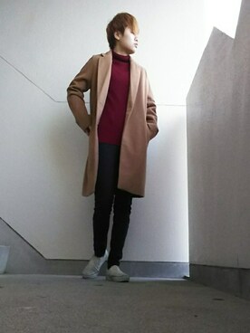 「reca（レカ）のアイテム（チェスターコート）」を使った、JUNNさん（メンズ・160cm）の冬コーディネート