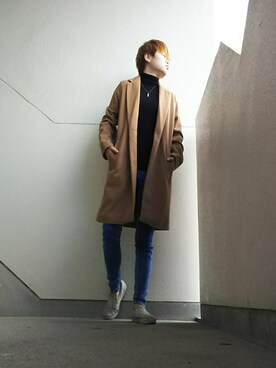 「reca（レカ）のアイテム（チェスターコート）」を使った、JUNNさん（メンズ・160cm）の冬コーディネート