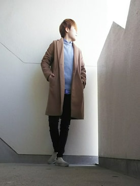 「reca（レカ）のアイテム（チェスターコート）」を使った、JUNNさん（メンズ・160cm）の冬コーディネート