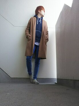 「reca（レカ）のアイテム（チェスターコート）」を使った、JUNNさん（メンズ・160cm）の冬コーディネート