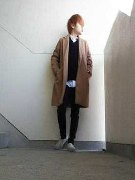 「reca（レカ）のアイテム（チェスターコート）」を使った、JUNNさん（メンズ・160cm）の冬コーディネート