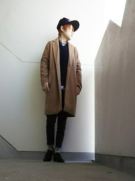 「reca（レカ）のアイテム（チェスターコート）」を使った、JUNNさん（メンズ・160cm）の春コーディネート