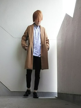 「reca（レカ）のアイテム（チェスターコート）」を使った、JUNNさん（メンズ・160cm）の春コーディネート