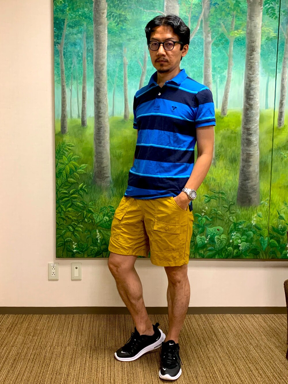 「夏のボーダーフェス、ポロシャツ、ボーダー、夏、ショートパンツ、ブルー、オトナカジュアル、アメリカンイーグル、GU、NIKE」｜「American Eagleのアイテム（ポロシャツ、ブルー系）」を使った、☠️HiRoC☠️さん（メンズ・171cm）の夏コーディネートの1枚目の写真