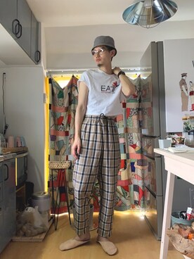 「ASTRONOMY（アストロノミー）のアイテム（パンツ）」を使った、嶋津一馬さん（メンズ・183cm）の夏コーディネート