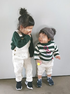 「ボーダーニット」｜「アイテム（オールインワン・サロペット）」を使った、marionさん（キッズ・90cm）の冬コーディネート