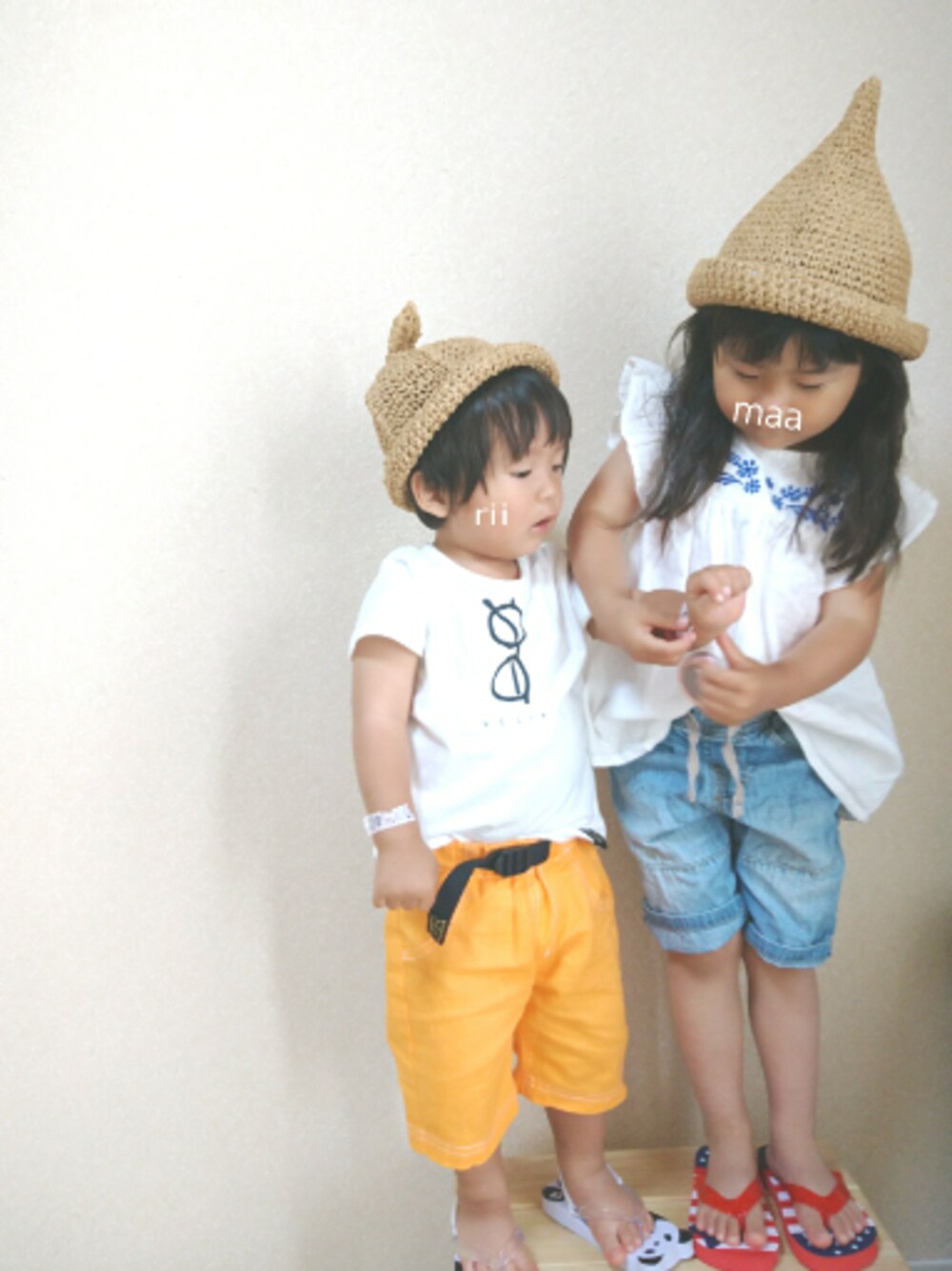 「姉弟、ハーフパンツ、夏コーデ、韓国子供服、しまむら、birthday、DAISO、激安コーデ、トンガリ帽子」｜「MA CHERIEのアイテム（帽子、ベージュ系）」を使った、marionさん（キッズ・90cm）の夏コーディネートの1枚目の写真