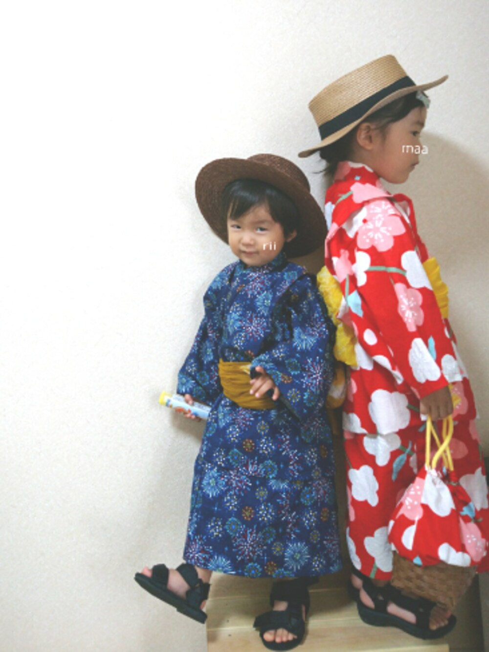 「姉弟、ハンドメイド、浴衣、カンカン帽、サンダル、スポーツサンダル、かごバッグ、handmade、夏コーデ」｜「BRANSHESのカンカン帽（ハット、ブラウン系）」を使った、marionさん（キッズ・90cm）の夏コーディネートの1枚目の写真
