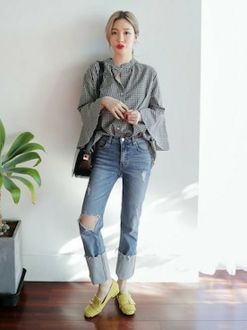 「ギンガムチェックシャツ」｜ディーホリックさん（レディース・160cm）の冬コーディネート