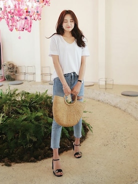 「DHOLIC（ディーホリック）のアイテム（かごバッグ）」を使った、ディーホリックさん（レディース・165cm）の春コーディネート
