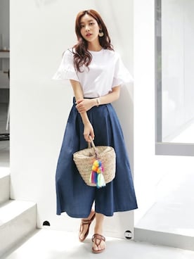 「DHOLIC（ディーホリック）のアイテム（かごバッグ）」を使った、ディーホリックさん（レディース・163cm）の夏コーディネート