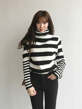 「ボーダーニット」｜ディーホリックさん（レディース・165cm）の冬コーディネート