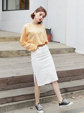 「DHOLIC（ディーホリック）の新作10％OFF（Tシャツ/カットソー）」を使った、ディーホリックさん（レディース・165cm）の春コーディネート