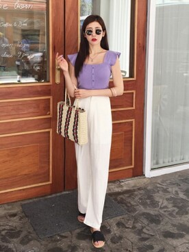 「アイテム（タンクトップ、パープル系）」を使った、ディーホリックさん（レディース・165cm）の夏コーディネート