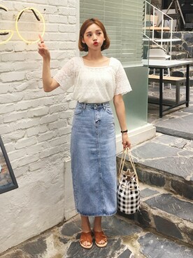 「DHOLIC（ディーホリック）のアイテム（デニムスカート）」を使った、ディーホリックさん（レディース・165cm）の夏コーディネート