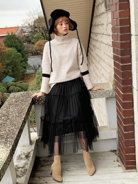 「DHOLIC（ディーホリック）のアイテム（ニットキャップ/ビーニー）」を使った、ディーホリックさん（レディース・165cm）の冬コーディネート