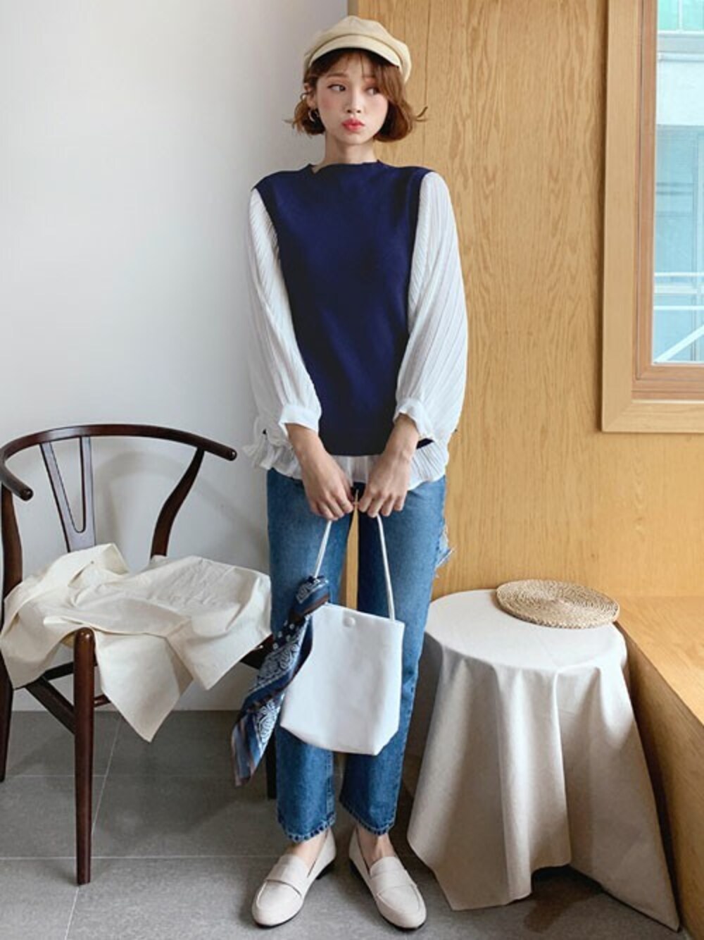 「dholic、スカーフ、大人カジュアル、fashion、デニムパンツ、ニットベスト、プチプラ、プチプラコーデ、デニムコーデ、秋コーデ」｜「DHOLICのスリーブプリーツニット（ニット/セーター、その他）」を使った、ディーホリックさん（レディース・165cm）の夏コーディネートの1枚目の写真