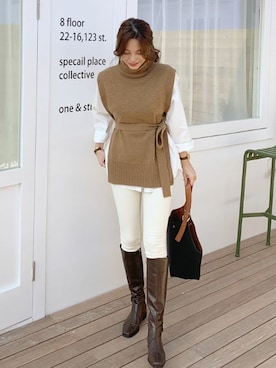 「DHOLIC（ディーホリック）のアイテム（ベスト）」を使った、ディーホリックさん（レディース・165cm）の秋コーディネート