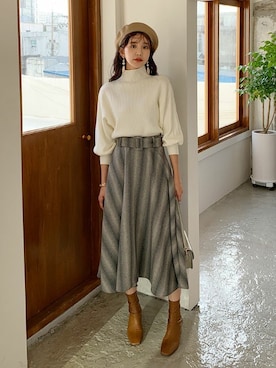 「DHOLIC（ディーホリック）のスクエアアンクルブーツ（ブーツ）」を使った、ディーホリックさん（レディース・164cm）の冬コーディネート