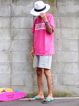 「ストローハット」｜「アイテム（PC・スマホグッズ/家電）」を使った、PUBLICATIONさん（メンズ・168cm）の夏コーディネート