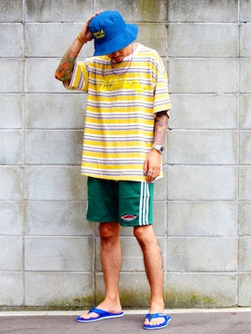「STORES.jp（ストアーズドットジェーピー）のアイテム（Tシャツ/カットソー）」を使った、PUBLICATIONさん（メンズ・168cm）の夏コーディネート