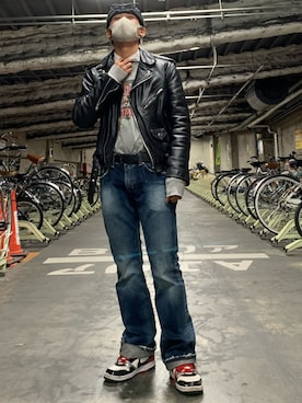 「春めきシューズ」｜「アイテム（ライダースジャケット）」を使った、たっくん(インスタメイン)さん（メンズ・168cm）の春コーディネート