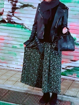 「ガウチョパンツ」｜「アイテム（ライダースジャケット）」を使った、あづさん（レディース・157cm）の冬コーディネート