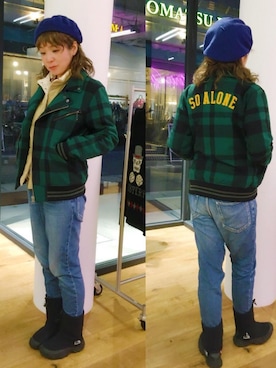 「ビッグサイズコーデ」｜「アイテム（ハンチング/ベレー帽）」を使った、happachinさん（レディース・164cm）の冬コーディネート