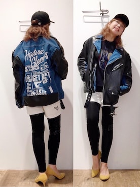 「バックプリント」｜「アイテム（ライダースジャケット）」を使った、happachinさん（レディース・164cm）の秋コーディネート