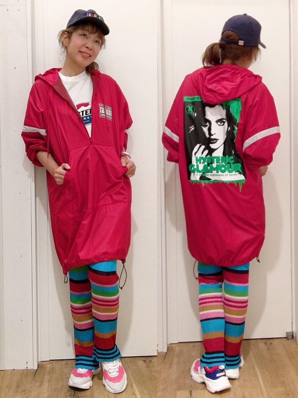 「スニーカー、総柄、Hysteric Glamour、フレアパンツ、ヒステリックグラマー、90'sスタイル、秋コーデ、ニットコーデ、70'sスタイル」｜「HYSTERIC GLAMOURのTHE DEATH CITY pt フーデットプルオーバー（ナイロンジャケット、レッド系）」を使った、happachinさん（レディース・164cm）の秋コーディネートの1枚目の写真