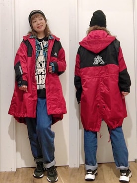 「アイテム（ミリタリージャケット、レッド系）」を使った、happachinさん（レディース・164cm）の冬コーディネート