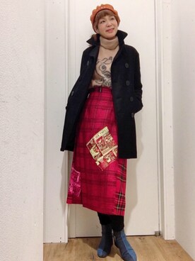 「チェック柄」｜「アイテム（ピーコート）」を使った、happachinさん（レディース・164cm）の冬コーディネート