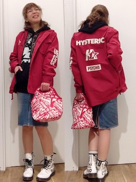 「アイテム（ミリタリージャケット、レッド系）」を使った、happachinさん（レディース・164cm）の冬コーディネート