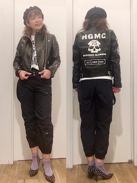 「レザーコーデ」｜「アイテム（ハンチング/ベレー帽）」を使った、happachinさん（レディース・164cm）の冬コーディネート