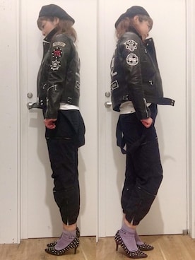 「コラボレーション」｜「アイテム（ライダースジャケット）」を使った、happachinさん（レディース・164cm）の冬コーディネート