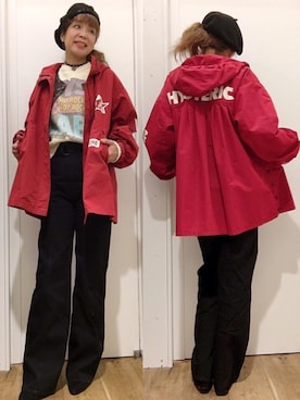 「アイテム（ミリタリージャケット、レッド系）」を使った、happachinさん（レディース・164cm）の冬コーディネート