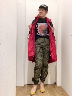 「アイテム（ミリタリージャケット、レッド系）」を使った、happachinさん（レディース・164cm）の冬コーディネート