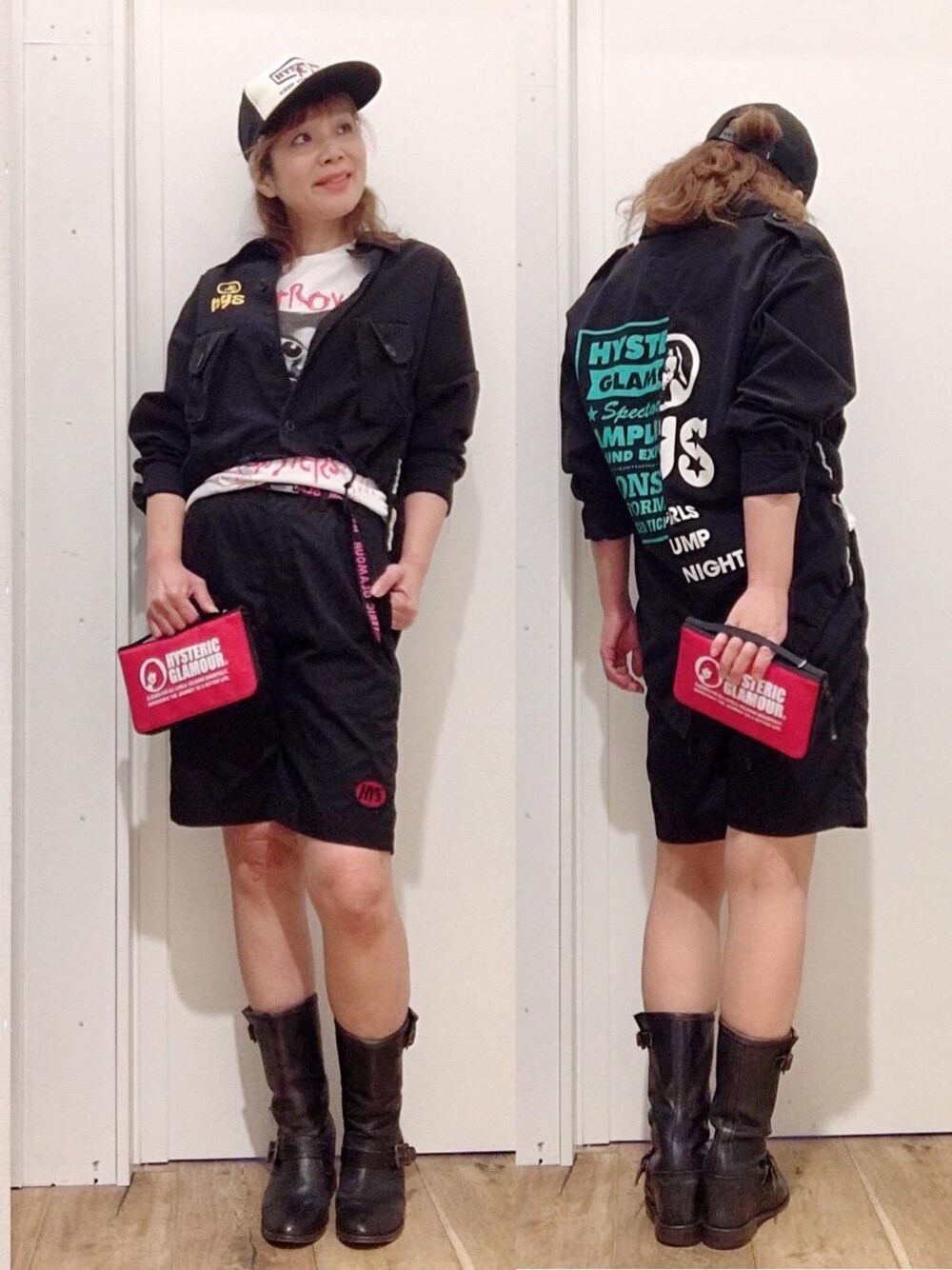 「Tシャツ、長袖シャツ、ハーフパンツ、Hysteric Glamour、春コーデ、カジュアルコーデ、ヒステリックグラマー、ストリートコーデ、ミリタリーコーデ、thee hysteric xxx」｜「HYSTERIC GLAMOURのYOURSELF ALIVE メッシュキャップ（キャップ、ブラック系）」を使った、happachinさん（レディース・164cm）の春コーディネートの1枚目の写真