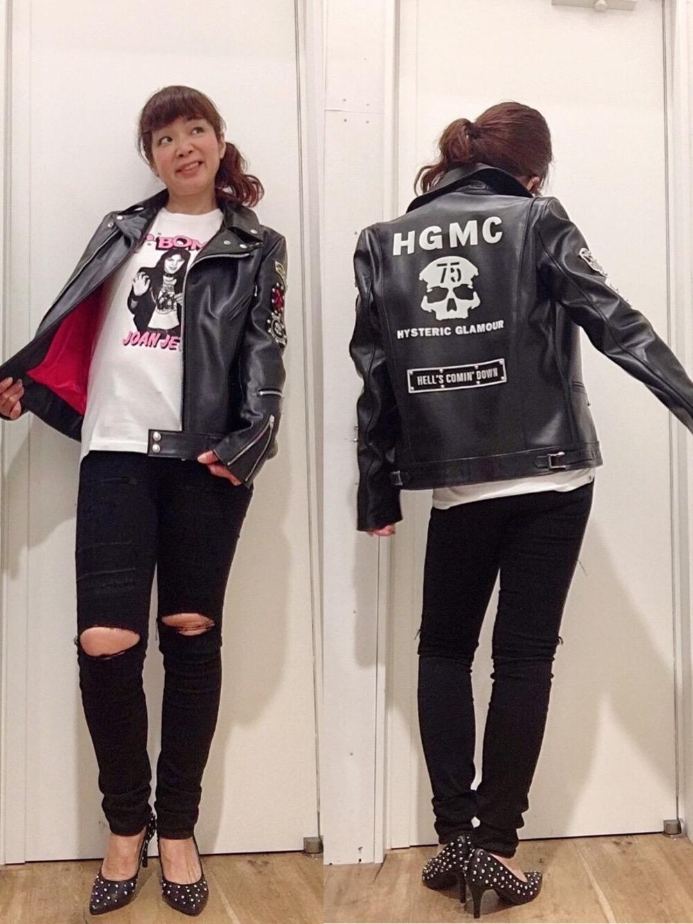 「スキニー、コラボレーション、Hysteric Glamour、シンプルコーデ、カジュアルコーデ、ヒステリックグラマー、ルイスレザー、アメカジコーデ、ロックコーデ」｜「HYSTERIC GLAMOURのSPBR加工 ISKO ストレッチデニムスキニースリムPT（デニムパンツ、ブラック系）」を使った、happachinさん（レディース・164cm）の秋コーディネートの1枚目の写真