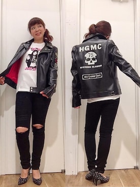 「コラボレーション」｜「アイテム（ライダースジャケット）」を使った、happachinさん（レディース・164cm）の秋コーディネート