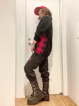 「HYSTERIC GLAMOUR（ヒステリックグラマー）のHYS WHISKY柄 刺繍キャップ（キャップ）」を使った、happachinさん（レディース・164cm）の秋コーディネート