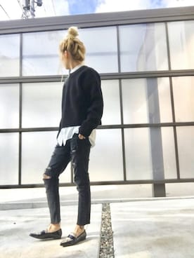 「リブニット」｜「アイテム（モカシン/デッキシューズ）」を使った、pootaatooさん（レディース・154cm）の秋コーディネート