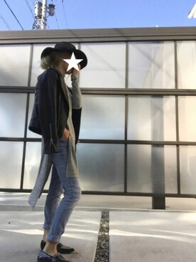 「ロング丈」｜「アイテム（ライダースジャケット）」を使った、pootaatooさん（レディース・154cm）の秋コーディネート