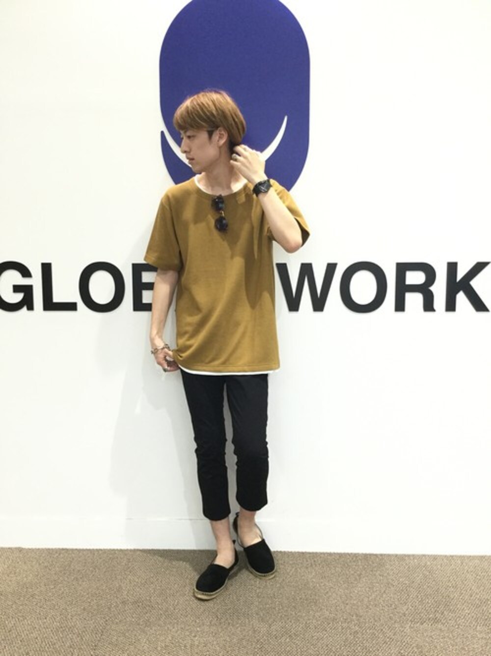「ビッグシルエット、スキニー、レイヤードスタイル、大学生、キレイめ、からし色、夏コーデ、グローバルワーク(GLOBAL WORK)、スッキリ、グローバルワーク」｜「GLOBAL WORKのフェイクレイヤードDRYT/831580（Tシャツ/カットソー、ベージュ系）」を使った、いっちー【GLOBAL WORK 堺北花田店】さん（メンズ・183cm）の夏コーディネートの1枚目の写真