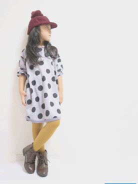 「MAKE YOUR DAY（メイクユアデイ）のドットプリントワンピース■80～140cm（ワンピース、パープル系）」を使った、ton103wearさん（キッズ・110cm）の秋コーディネート
