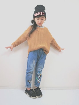 「MAKE YOUR DAY（メイクユアデイ）のアイテム（ニット/セーター、ブラウン系）」を使った、ton103wearさん（キッズ・110cm）の秋コーディネート