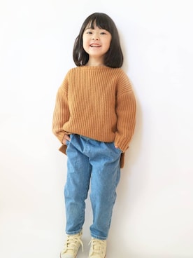 「MAKE YOUR DAY（メイクユアデイ）のローゲージざっくりセーター■90～140cm（ニット/セーター、イエロー系）」を使った、ton103wearさん（キッズ・110cm）の冬コーディネート