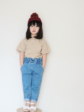 「MAKE YOUR DAY（メイクユアデイ）のパフスリーブTシャツ■80～140cm（Tシャツ/カットソー、ベージュ系）」を使った、ton103wearさん（キッズ・110cm）の春コーディネート