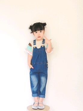 「MAKE YOUR DAY（メイクユアデイ）の袖フリルTシャツ■80～140cm（Tシャツ/カットソー、ベージュ系）」を使った、ton103wearさん（キッズ・110cm）の春コーディネート