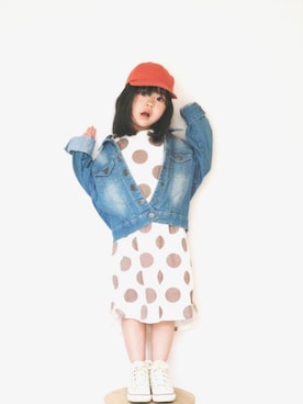 「MAKE YOUR DAY（メイクユアデイ）のドットワンピース■80～140cm（ワンピース、ブラウン系）」を使った、ton103wearさん（キッズ・110cm）の春コーディネート